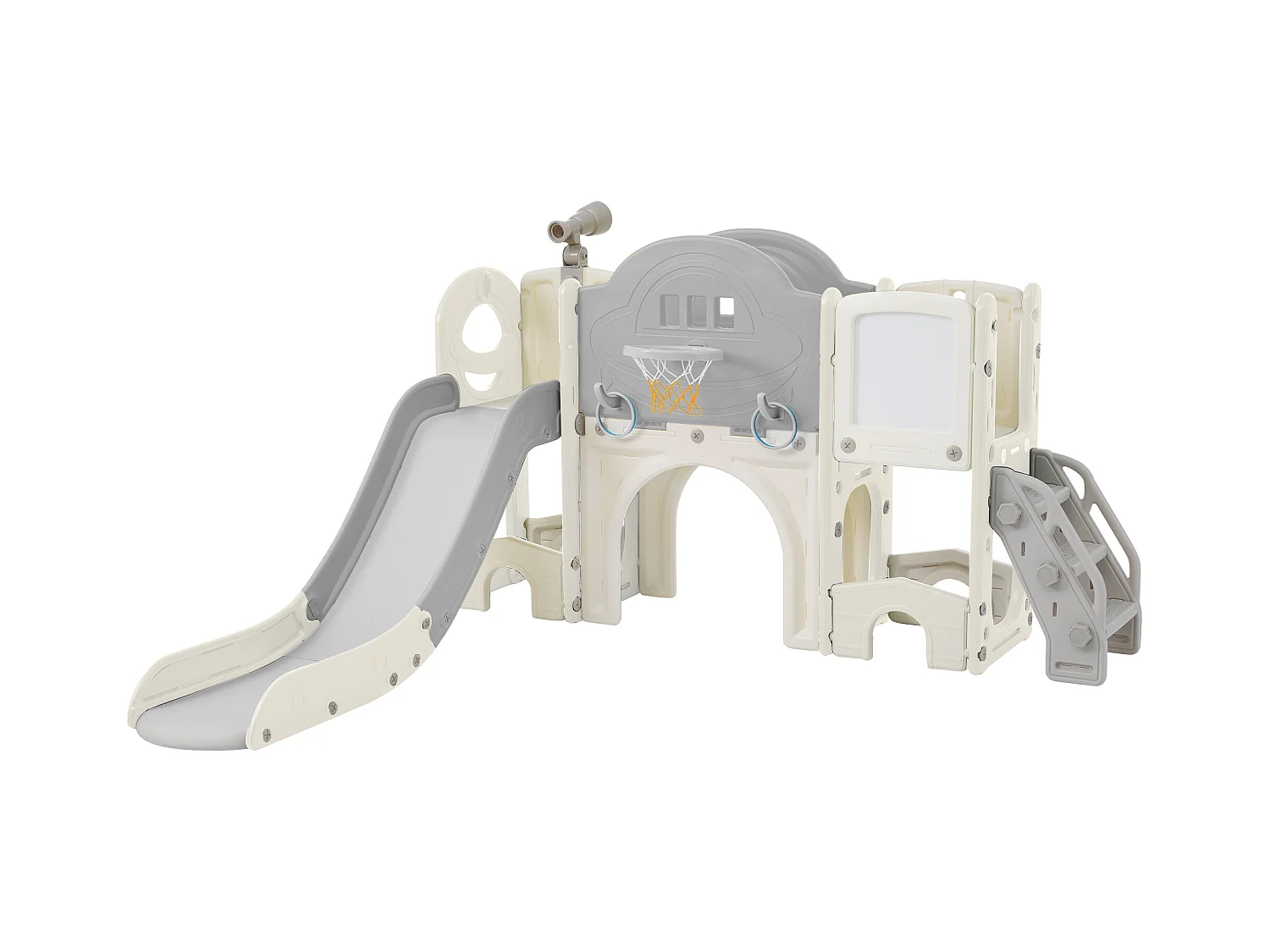 10-in-1 kinderglijbaan 172 x 165 x 95 cm, met glijbaan, basketbalring en tekenbord, wit en grijs HDPE-materiaal