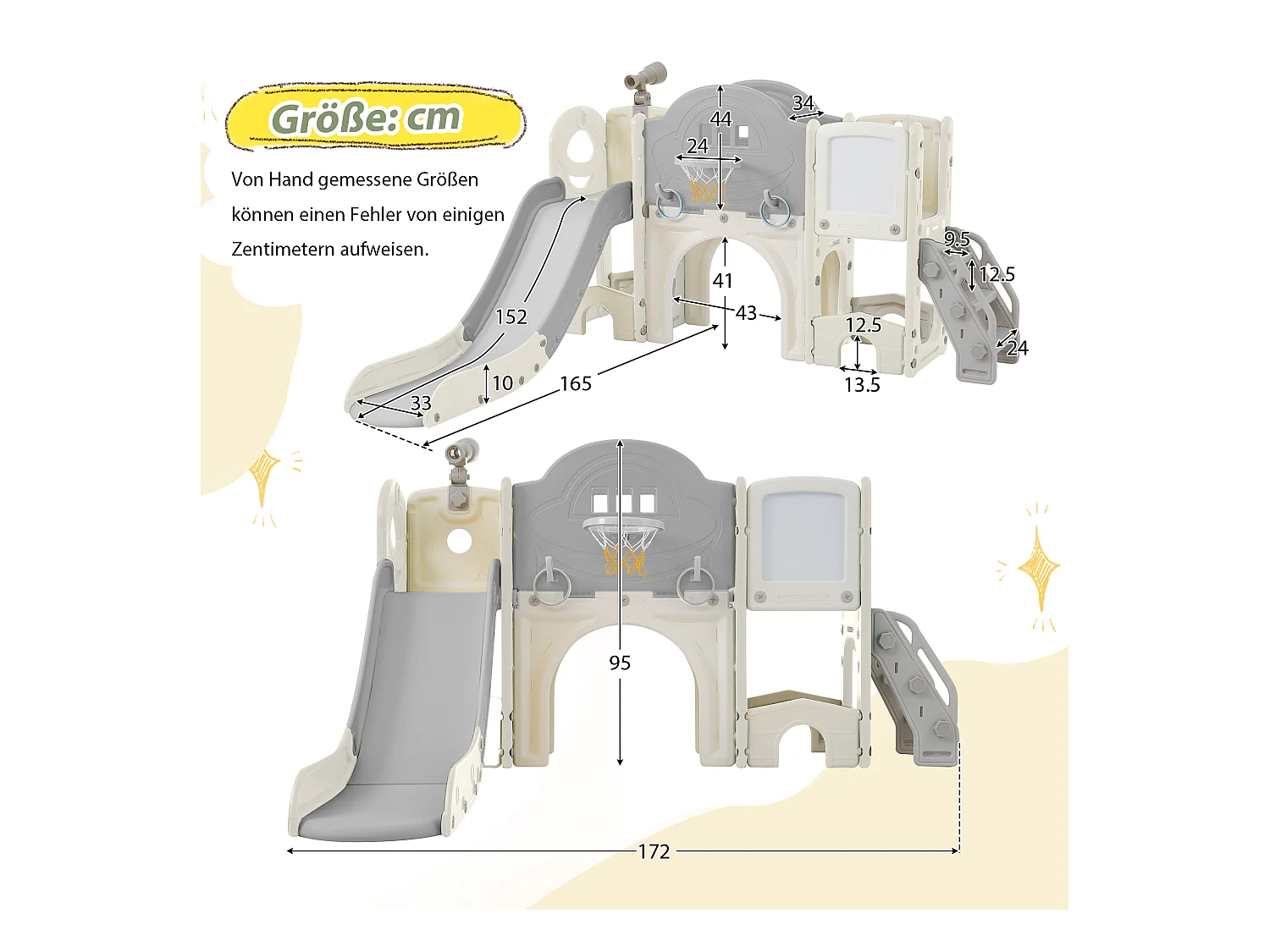 10-in-1 kinderglijbaan 172 x 165 x 95 cm, met glijbaan, basketbalring en tekenbord, wit en grijs HDPE-materiaal
