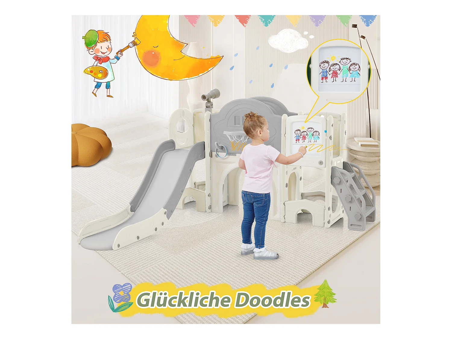 10-in-1 kinderglijbaan 172 x 165 x 95 cm, met glijbaan, basketbalring en tekenbord, wit en grijs HDPE-materiaal