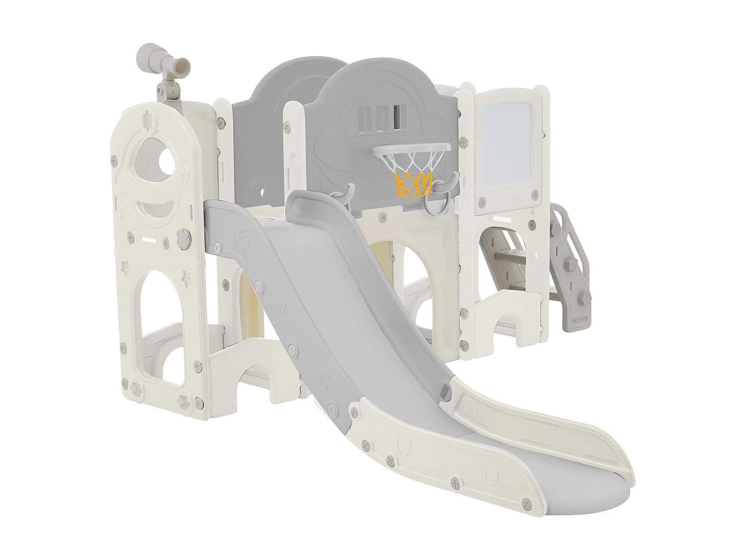 Toboggan enfant 10 en 1 172x165x95 cm, avec toboggan panier de basket et planche à dessin matériau HDPE blanc et gris