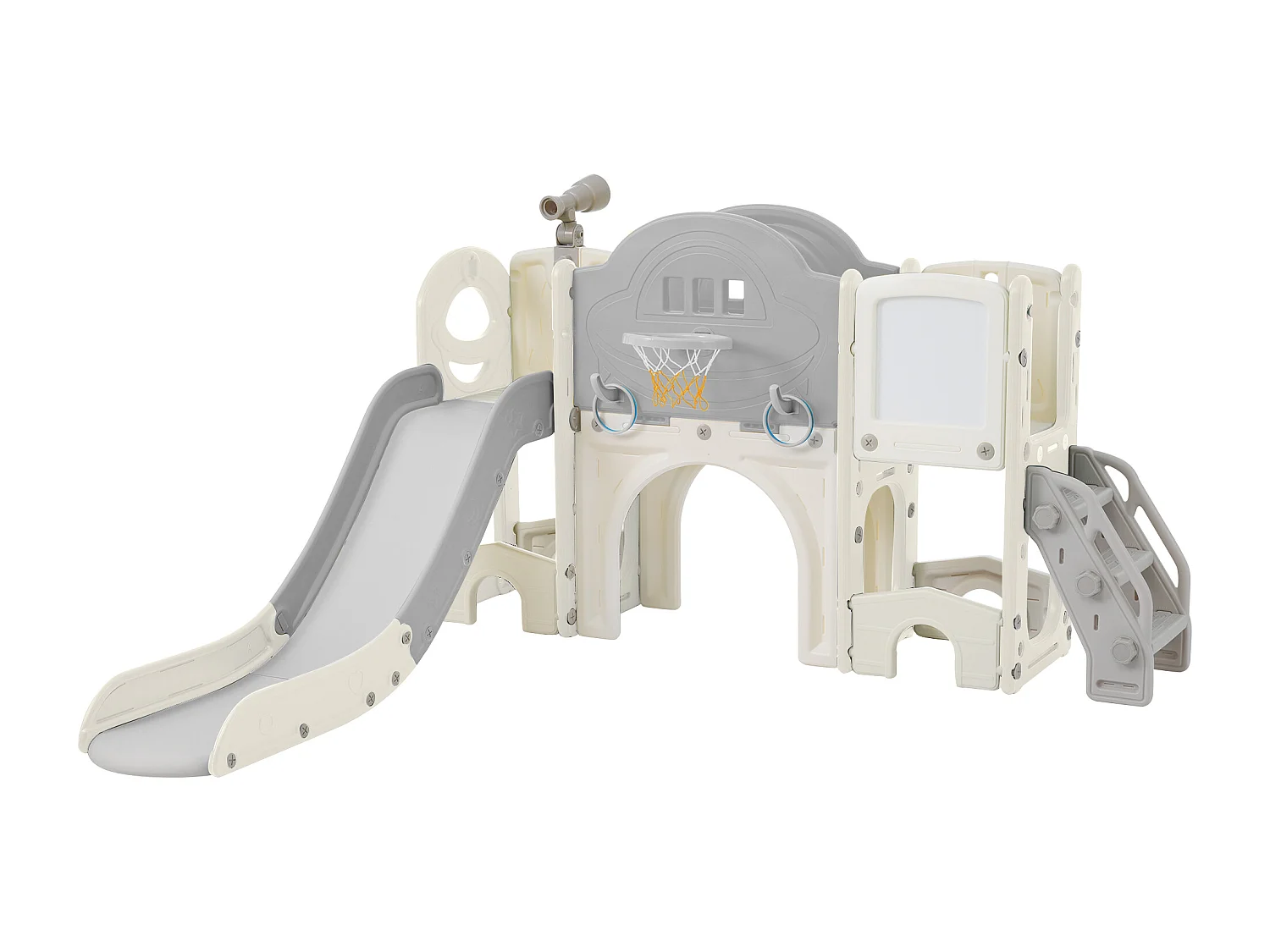 Toboggan enfant 10 en 1 172x165x95 cm, avec toboggan panier de basket et planche à dessin matériau HDPE blanc et gris