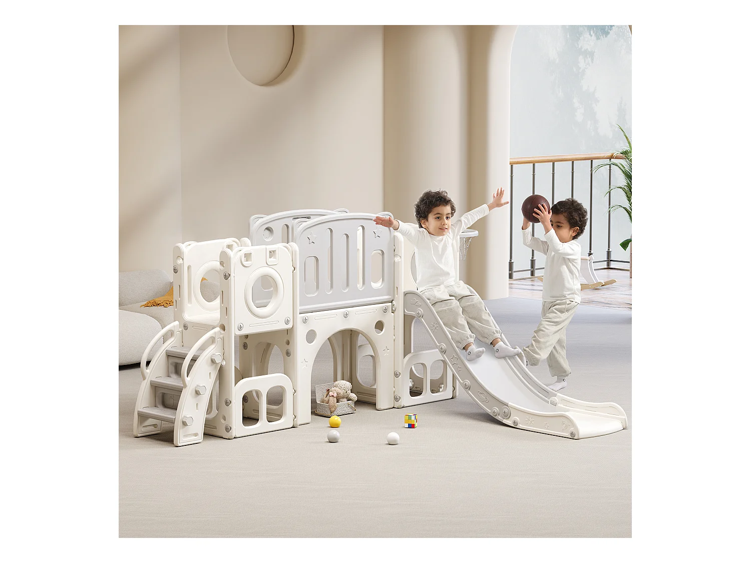 Ensemble de toboggan 174x150x85cm 6 en 1 Toboggan Deux compartiments de rangement Escalier Panneau de basket Matériel HDPE Blanc