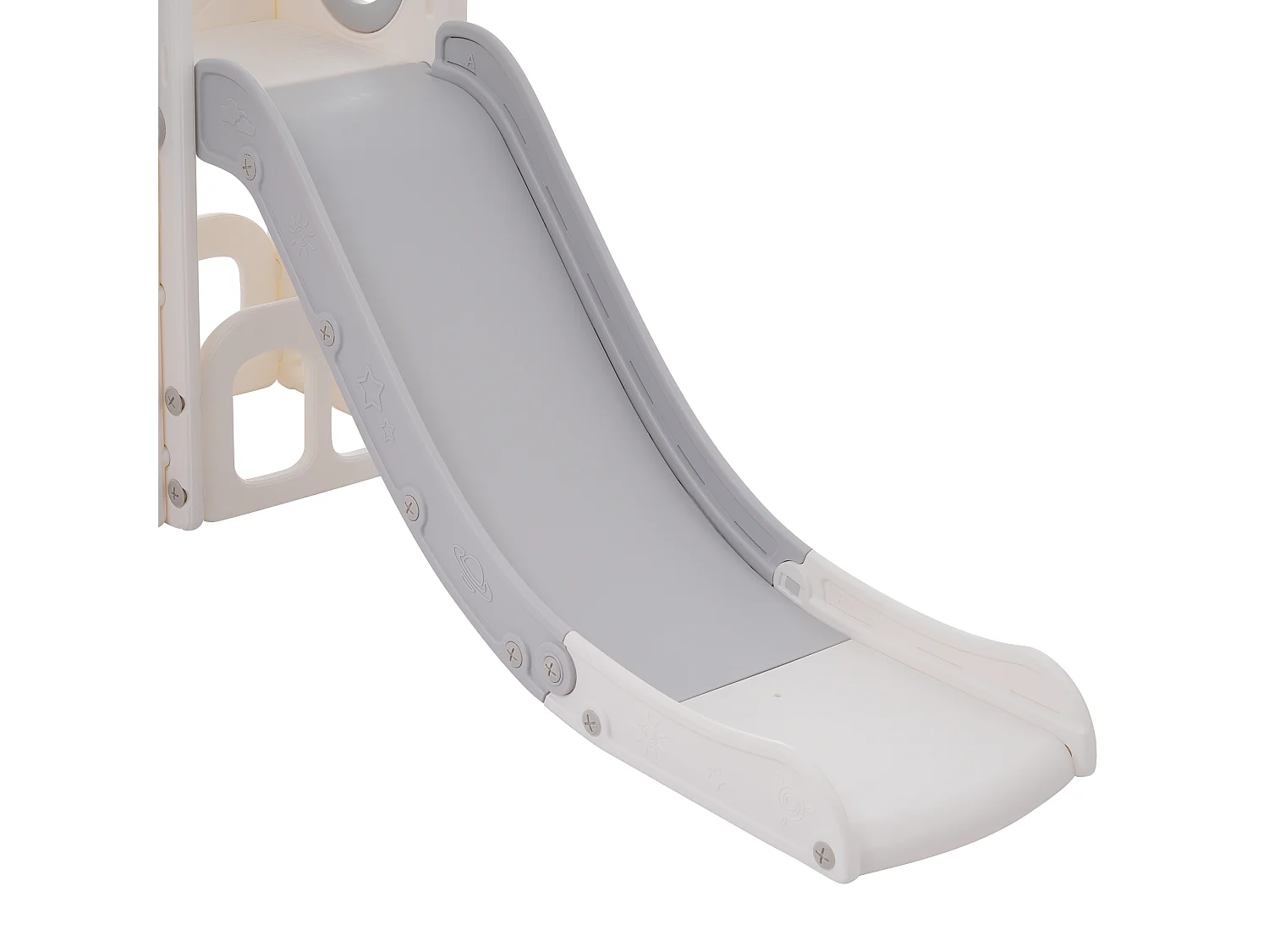 Ensemble de toboggan 174x150x85cm 6 en 1 Toboggan Deux compartiments de rangement Escalier Panneau de basket Matériel HDPE Blanc