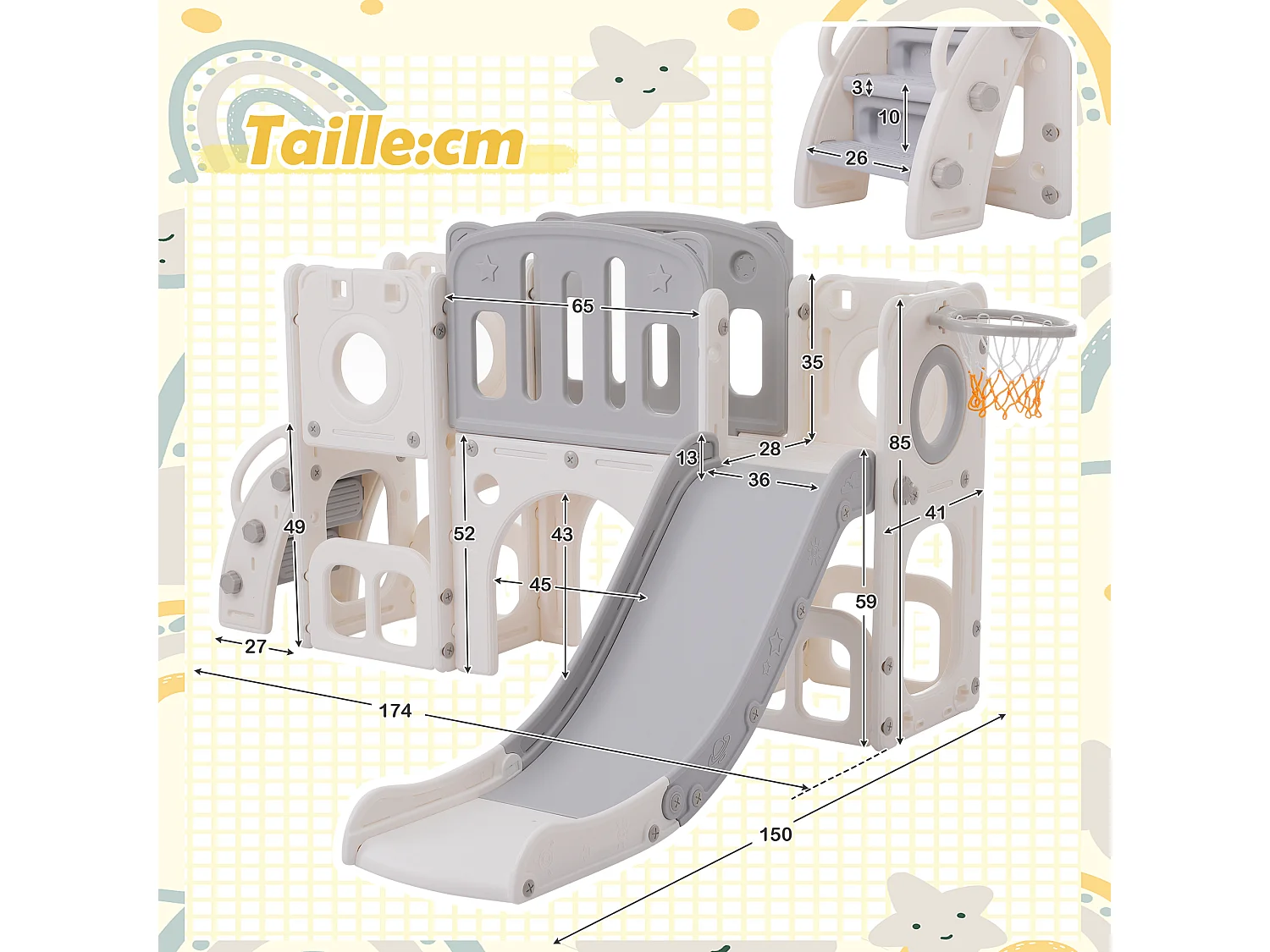 Ensemble de toboggan 174x150x85cm 6 en 1 Toboggan Deux compartiments de rangement Escalier Panneau de basket Matériel HDPE Blanc