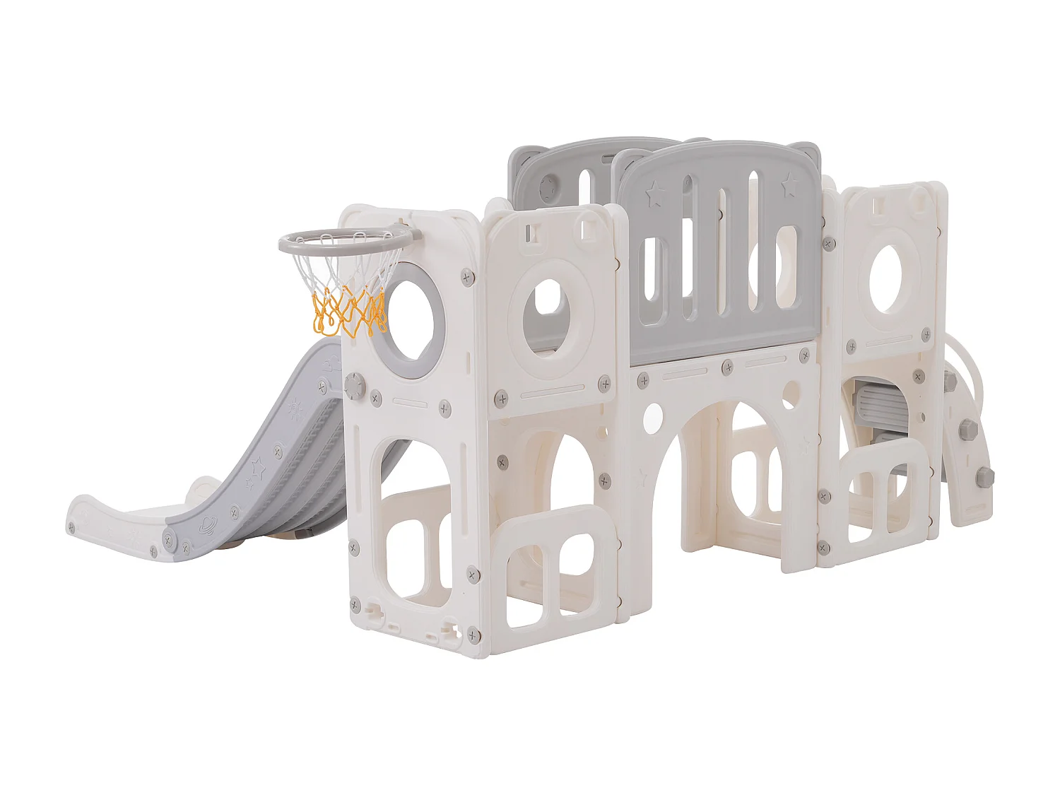 Ensemble de toboggan 174x150x85cm 6 en 1 Toboggan Deux compartiments de rangement Escalier Panneau de basket Matériel HDPE Blanc