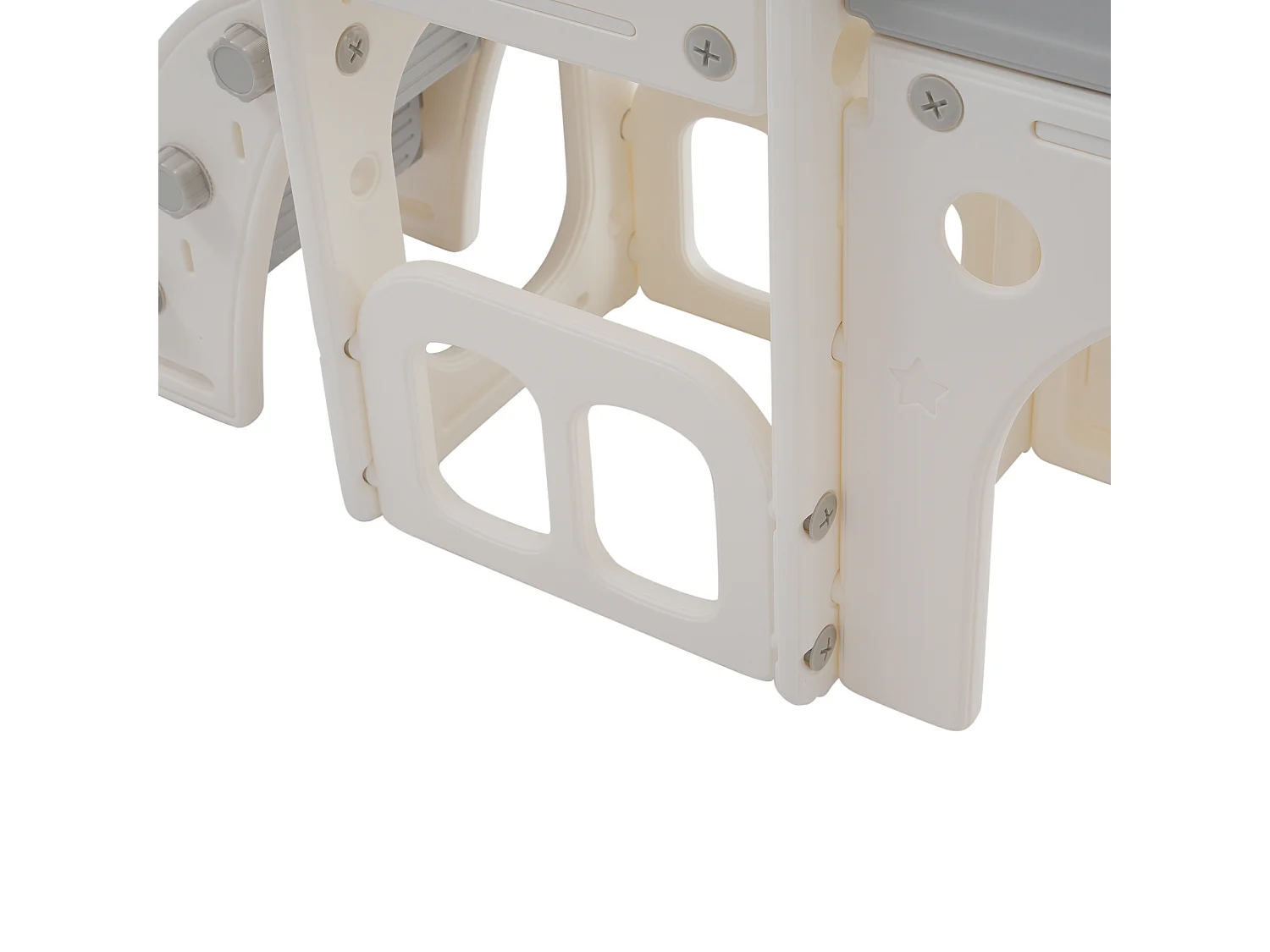 Ensemble de toboggan 174x150x85cm 6 en 1 Toboggan Deux compartiments de rangement Escalier Panneau de basket Matériel HDPE Blanc