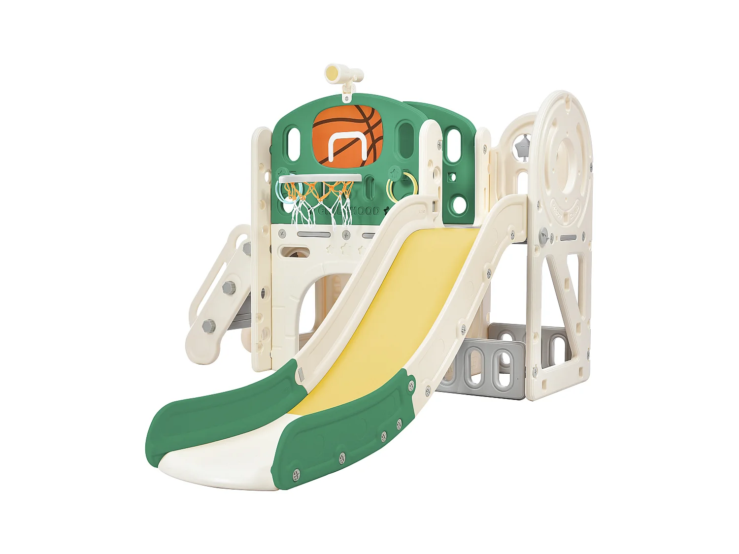 Ensemble de toboggan 186x152x110cm Boîte de rangement Tunnel Escalier Panier de basketball Zone de passage Matériel HDPE Vert