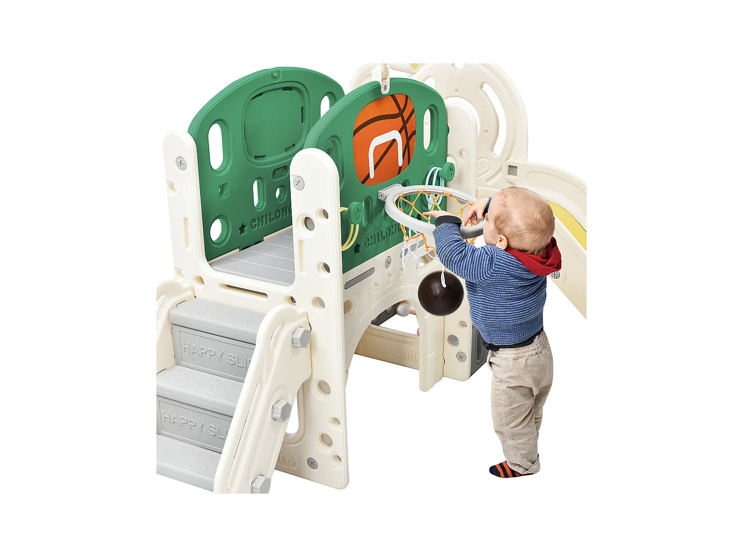 Ensemble de toboggan 186x152x110cm Boîte de rangement Tunnel Escalier Panier de basketball Zone de passage Matériel HDPE Vert