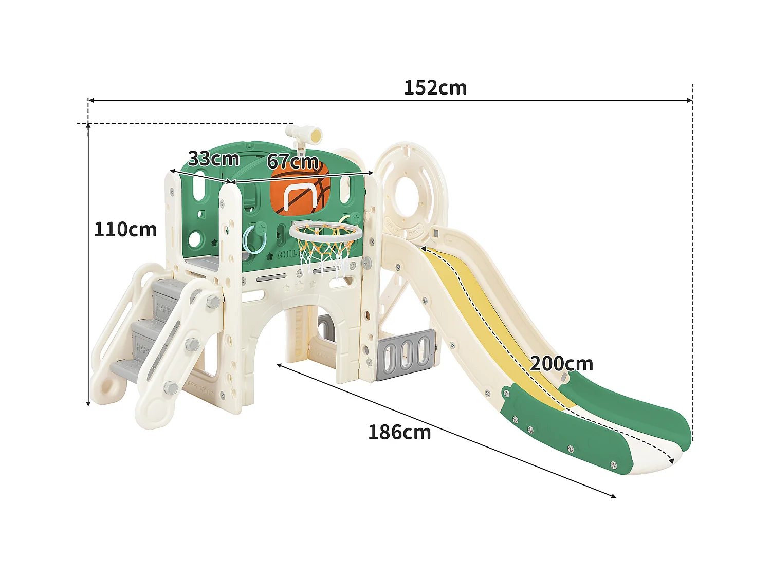 Ensemble de toboggan 186x152x110cm Boîte de rangement Tunnel Escalier Panier de basketball Zone de passage Matériel HDPE Vert