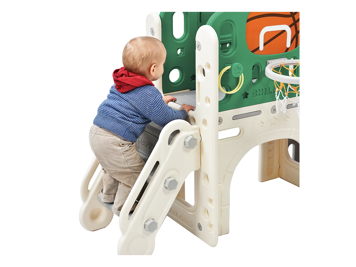 Ensemble de toboggan 186x152x110cm Boîte de rangement Tunnel Escalier Panier de basketball Zone de passage Matériel HDPE Vert