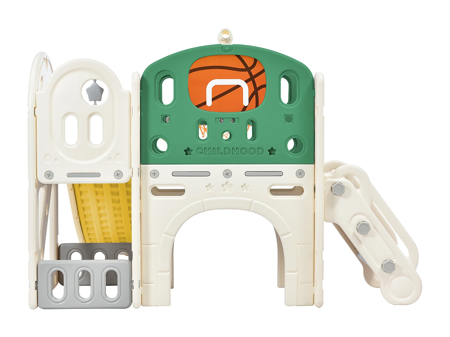 Ensemble de toboggan 186x152x110cm Boîte de rangement Tunnel Escalier Panier de basketball Zone de passage Matériel HDPE Vert