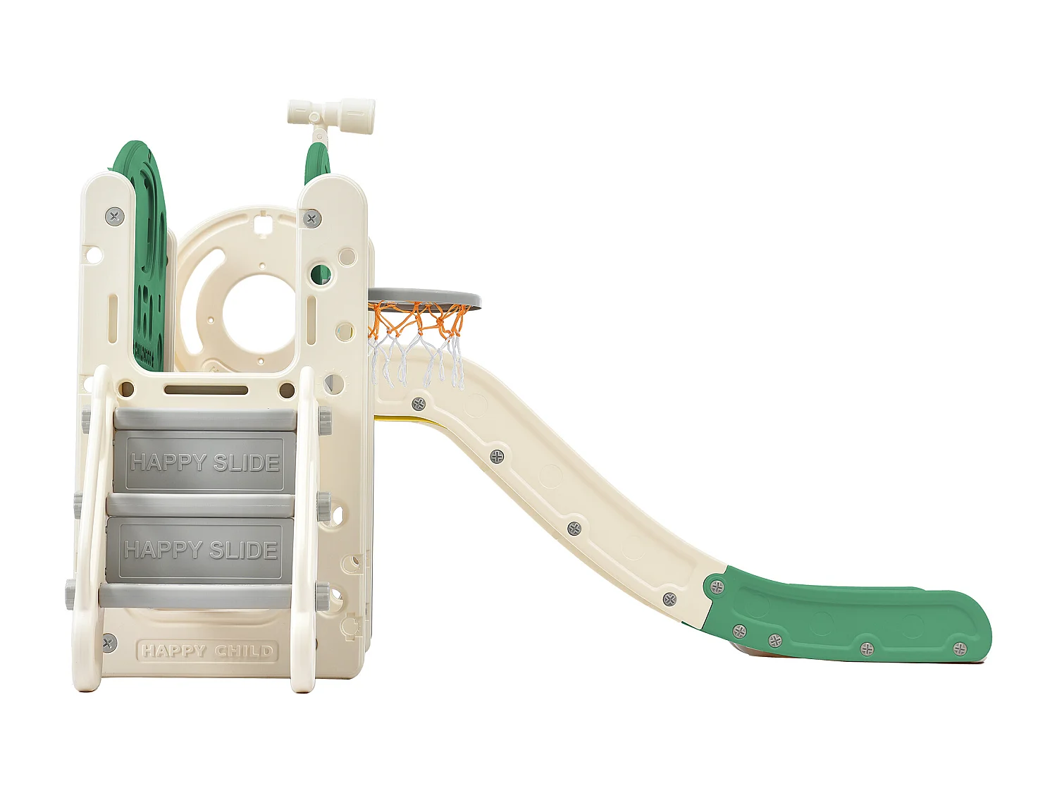 Ensemble de toboggan 186x152x110cm Boîte de rangement Tunnel Escalier Panier de basketball Zone de passage Matériel HDPE Vert