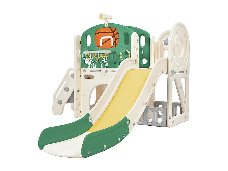 Ensemble de toboggan 186x152x110cm Boîte de rangement Tunnel Escalier Panier de basketball Zone de passage Matériel HDPE Vert