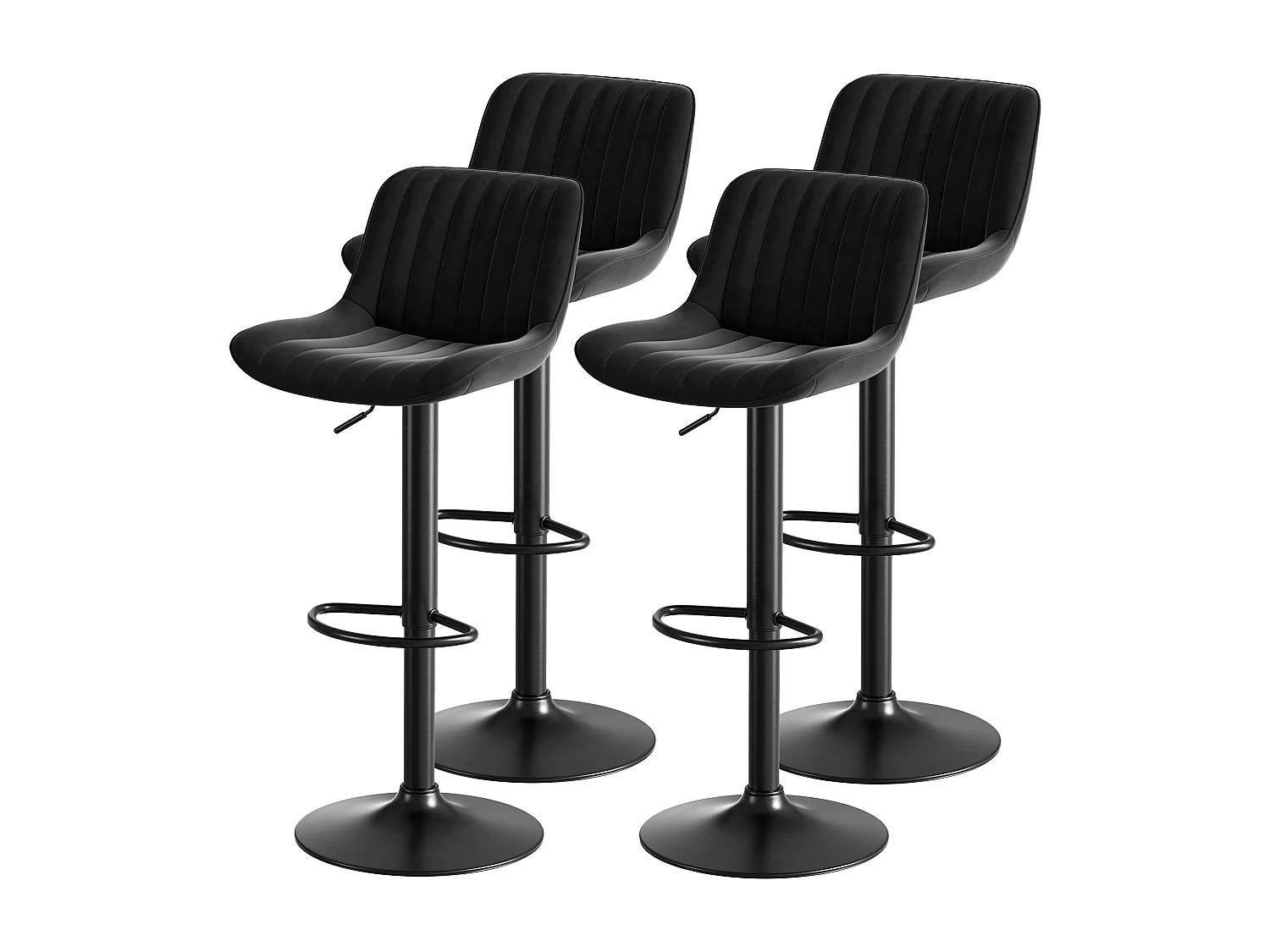 Set di 4 sgabelli da bar neri, regolabili in altezza, velluto, metallo