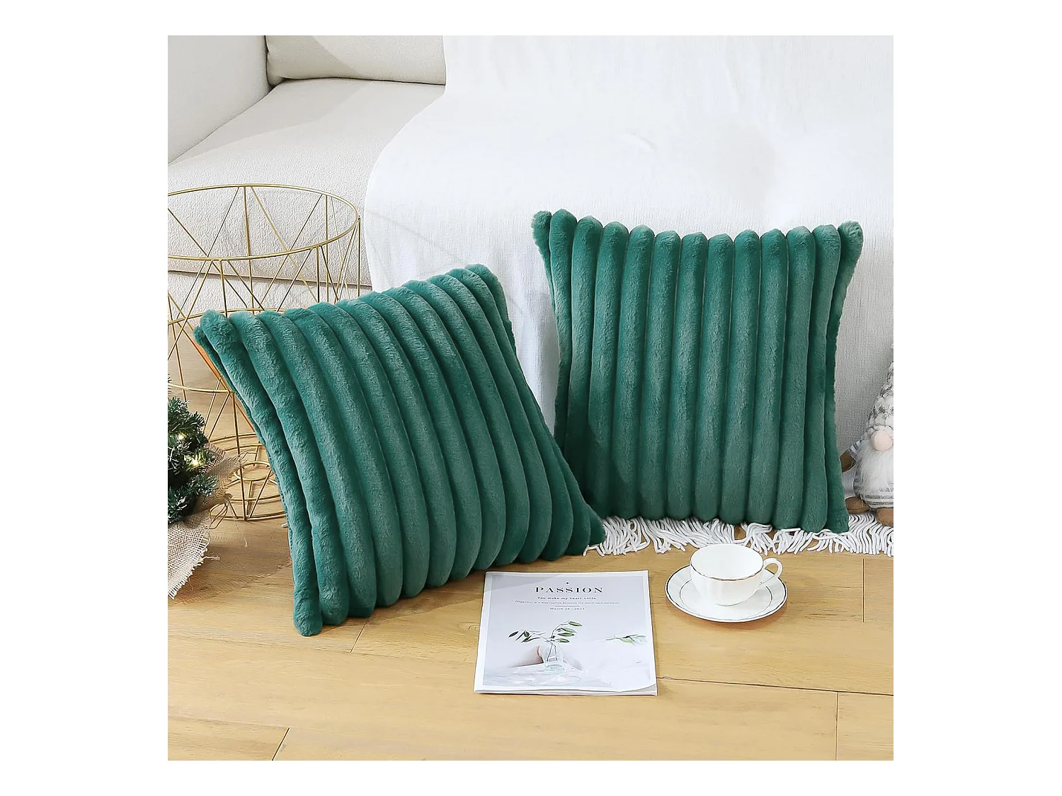 Lot 2 housses de coussin 45x45cm peluche doux décoratif vert foncé canapé lit (Sans rembourrage)