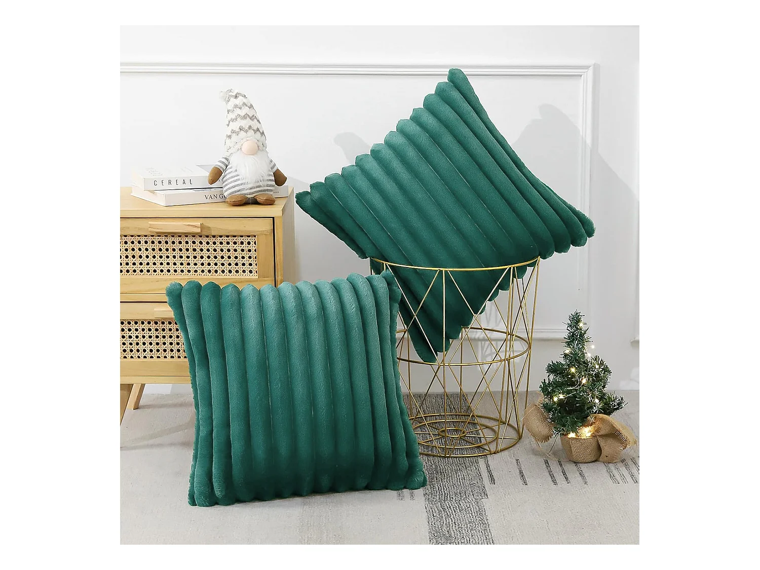 Lot 2 housses de coussin 45x45cm peluche doux décoratif vert foncé canapé lit (Sans rembourrage)
