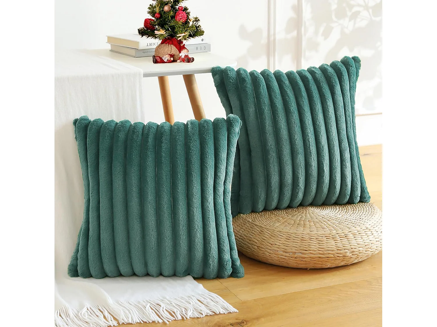 Lot 2 housses de coussin 45x45cm peluche doux décoratif vert foncé canapé lit (Sans rembourrage)