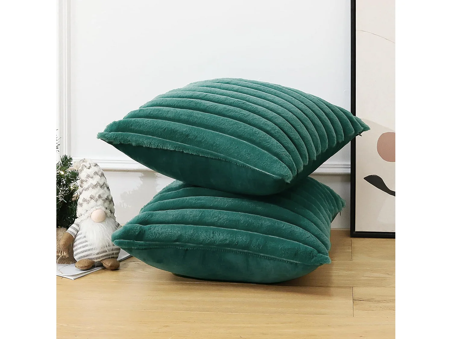 Lot 2 housses de coussin 45x45cm peluche doux décoratif vert foncé canapé lit (Sans rembourrage)