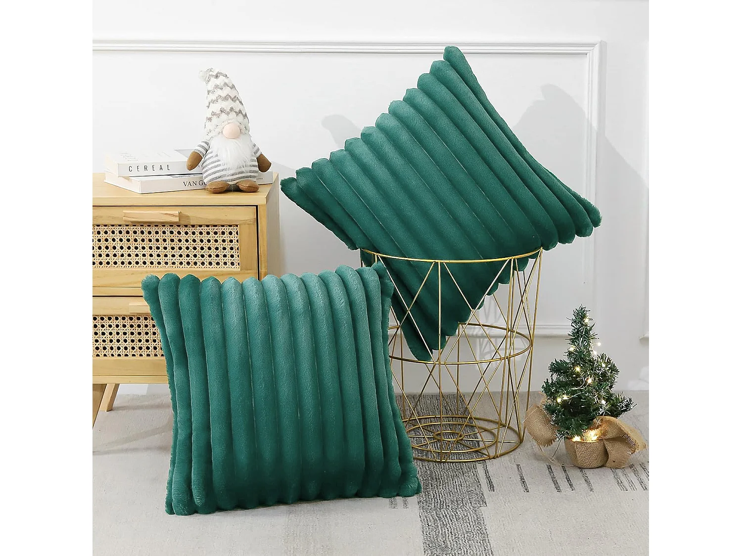 Lot 2 housses de coussin 45x45cm peluche doux décoratif vert foncé canapé lit (Sans rembourrage)
