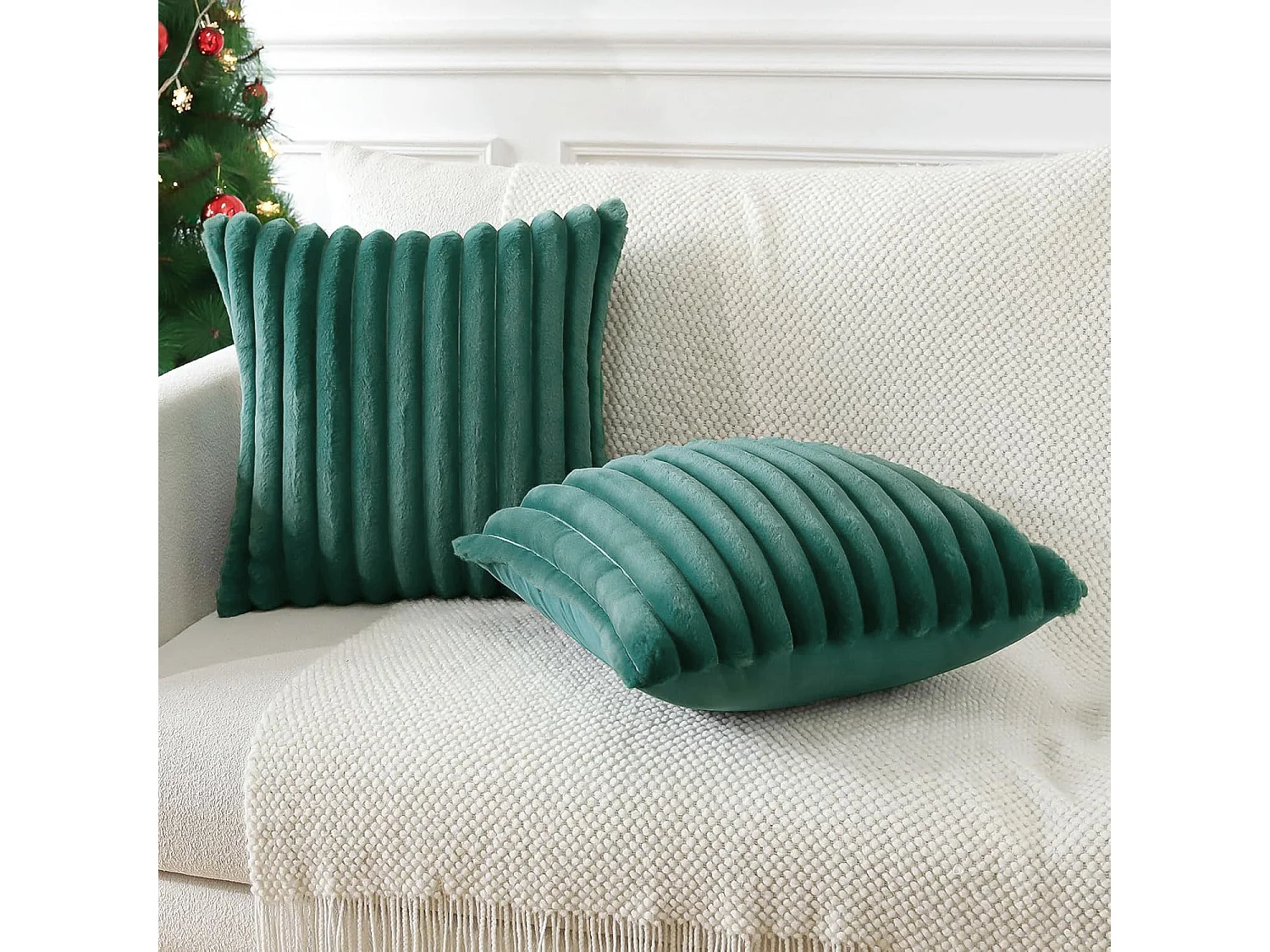 Lot 2 housses de coussin 45x45cm peluche doux décoratif vert foncé canapé lit (Sans rembourrage)