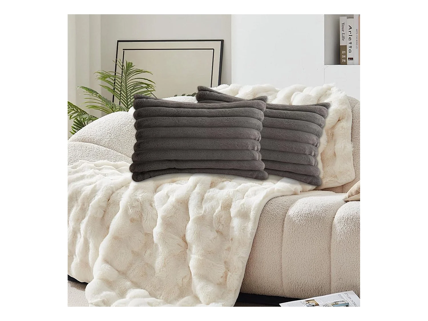 Lot 2 housses de coussin 30x50cm avec fermeture éclair doux gris pour canapé (Sans rembourrage)