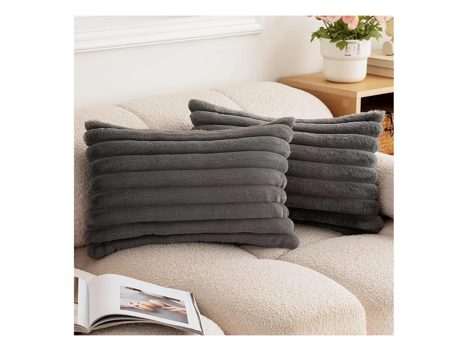 Lot 2 housses de coussin 30x50cm avec fermeture éclair doux gris pour canapé (Sans rembourrage)