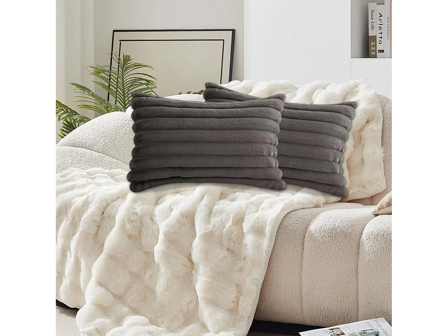 Lot 2 housses de coussin 30x50cm avec fermeture éclair doux gris pour canapé (Sans rembourrage)