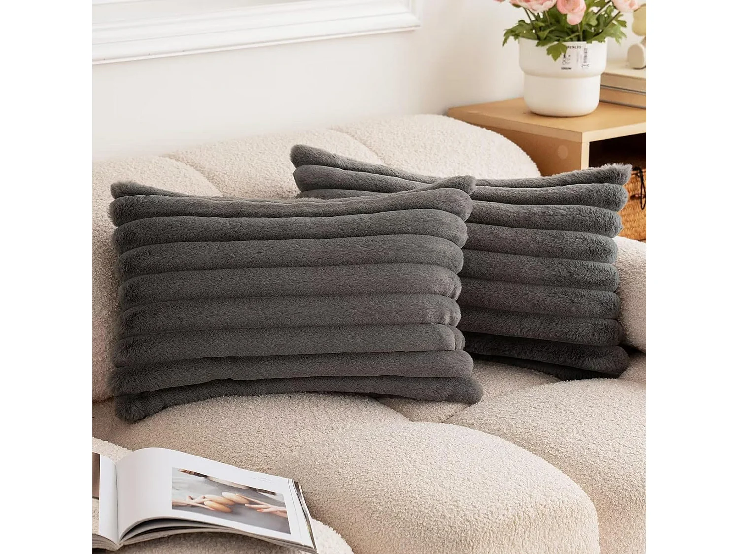 Lot 2 housses de coussin 30x50cm avec fermeture éclair doux gris pour canapé (Sans rembourrage)