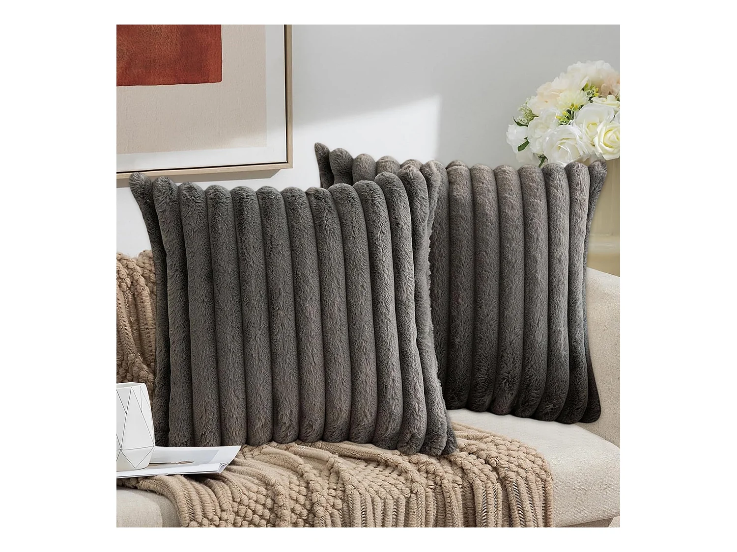 Lot 2 housses de coussin 45x45cm velours doux avec fermeture éclair pour canapé (Sans rembourrage)