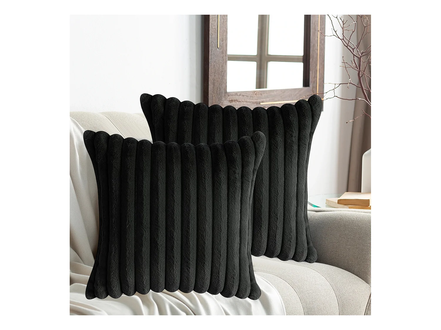 Lot 2 housses de coussin velours 45x45cm coton noir fermeture éclair salon (Sans rembourrage)
