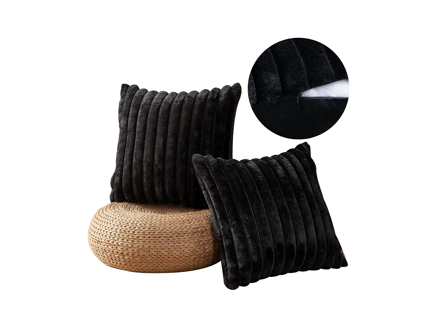 Lot 2 housses de coussin velours 45x45cm coton noir fermeture éclair salon (Sans rembourrage)