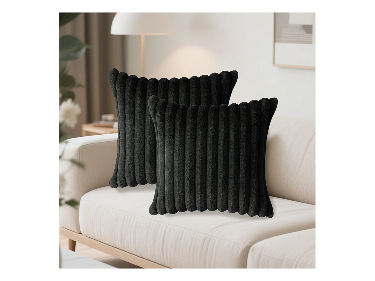 Lot 2 housses de coussin velours 45x45cm coton noir fermeture éclair salon (Sans rembourrage)