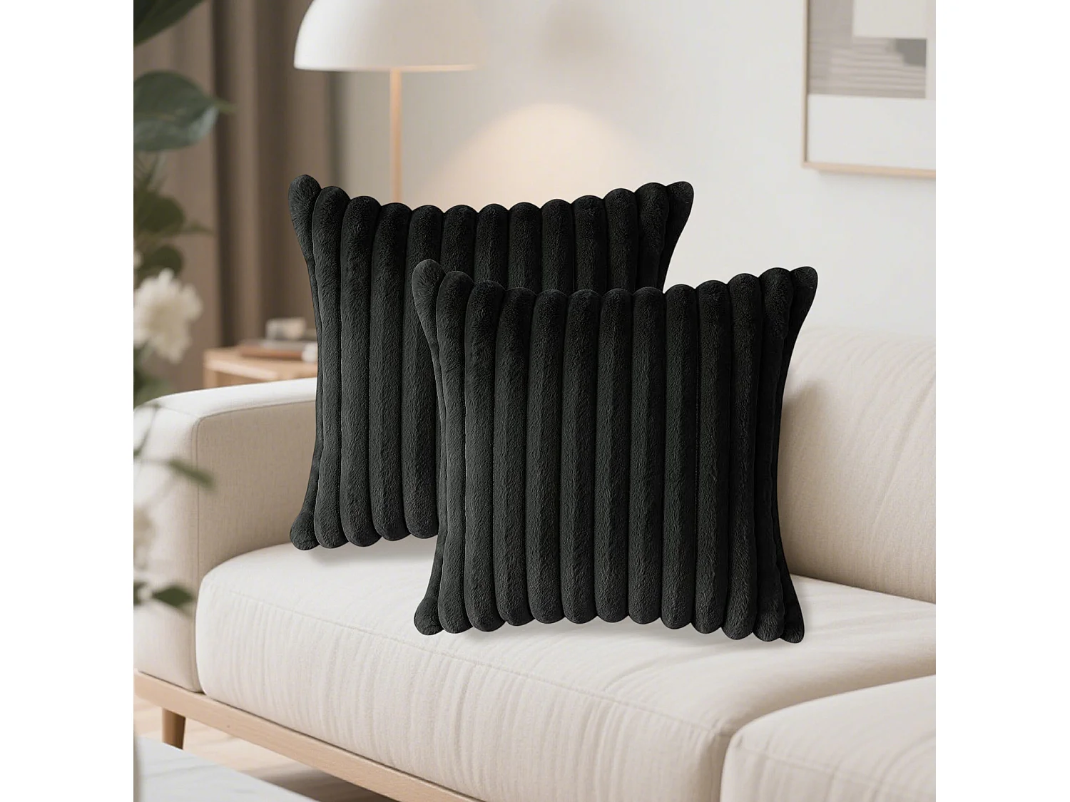 Lot 2 housses de coussin velours 45x45cm coton noir fermeture éclair salon (Sans rembourrage)