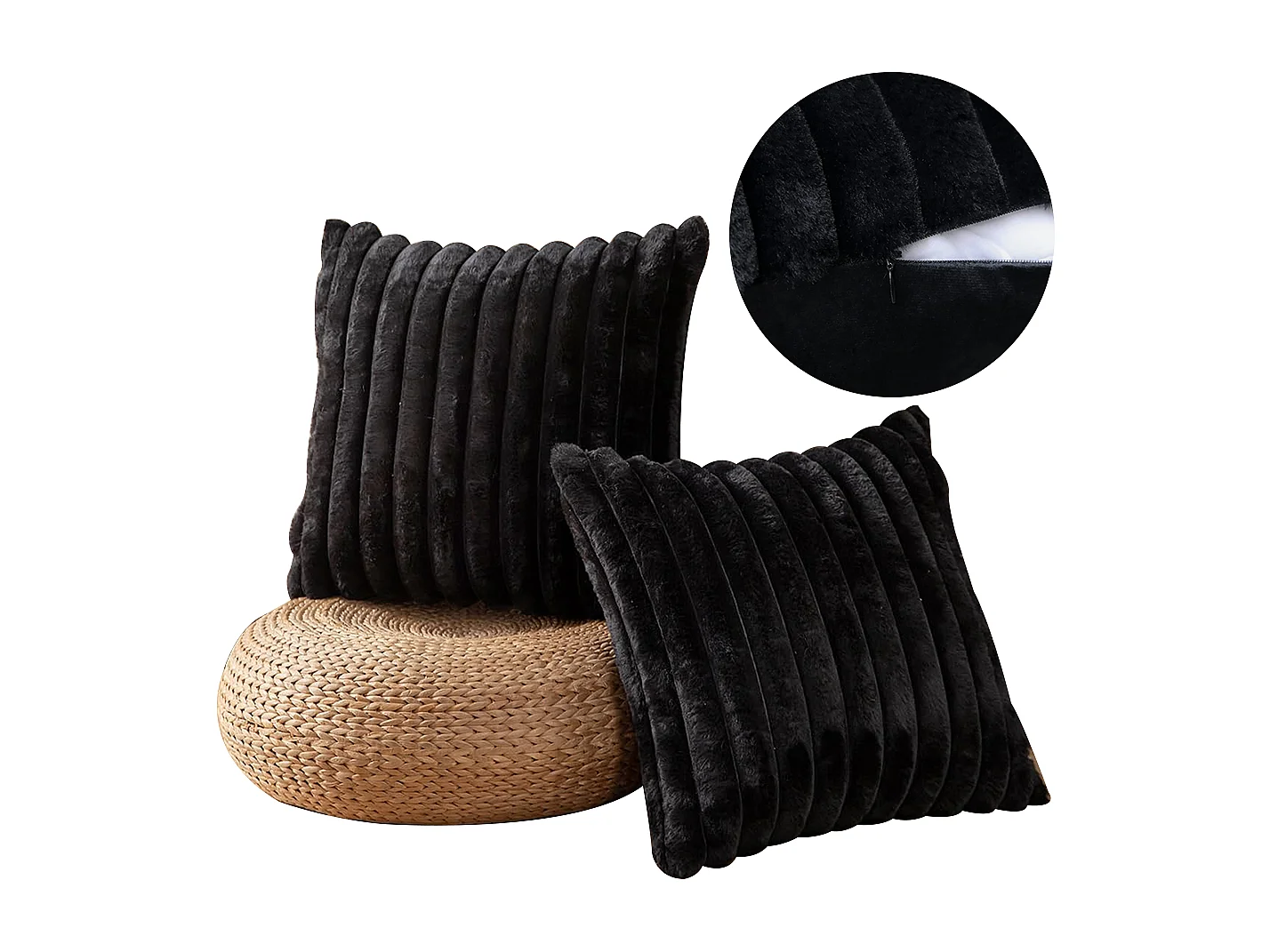 Set van 2 fluwelen kussenhoezen 45x45cm zwart katoen met rits voor woonkamer (zonder vulling)