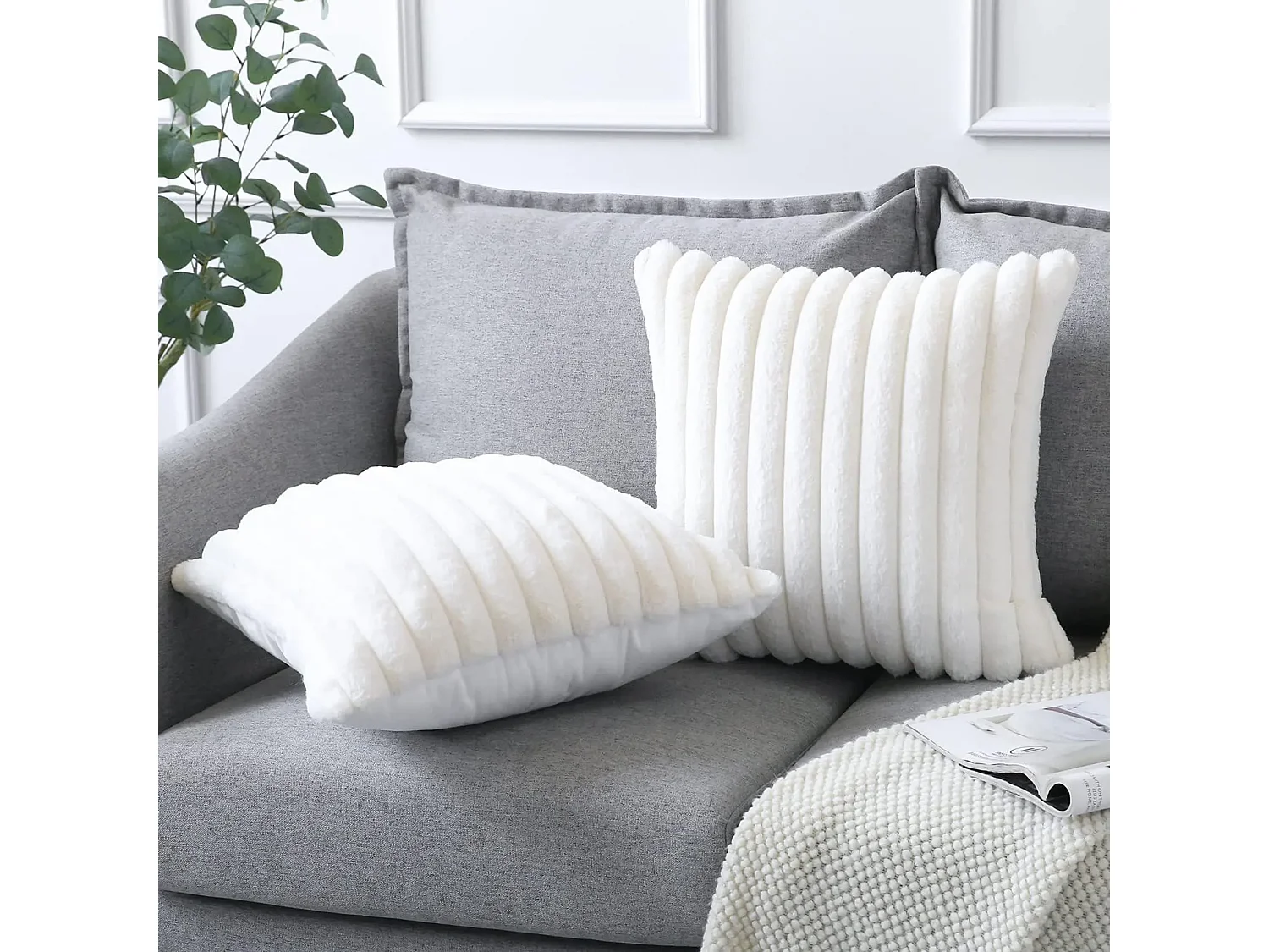 Lot 2 housses de coussin 50x50cm décoratif blanc canapé (Sans rembourrage)