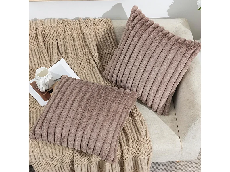 Lot 2 housses de coussin velours rayé 50x50cm beige clair salon chambre (Sans rembourrage)