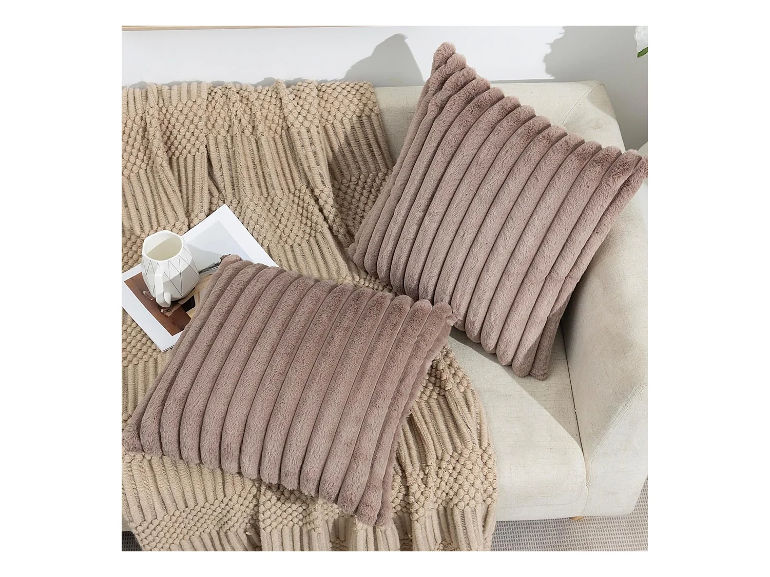 Lot 2 housses de coussin velours rayé 50x50cm beige clair salon chambre (Sans rembourrage)