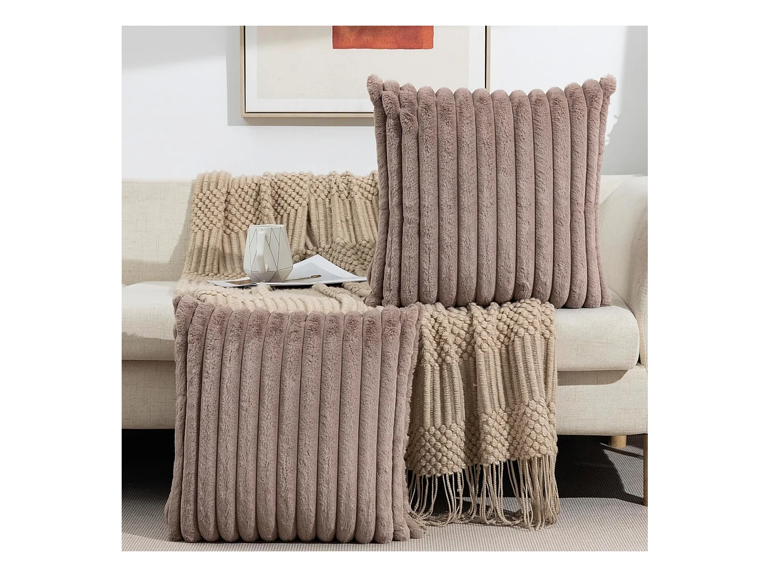 Lot 2 housses de coussin velours rayé 50x50cm beige clair salon chambre (Sans rembourrage)