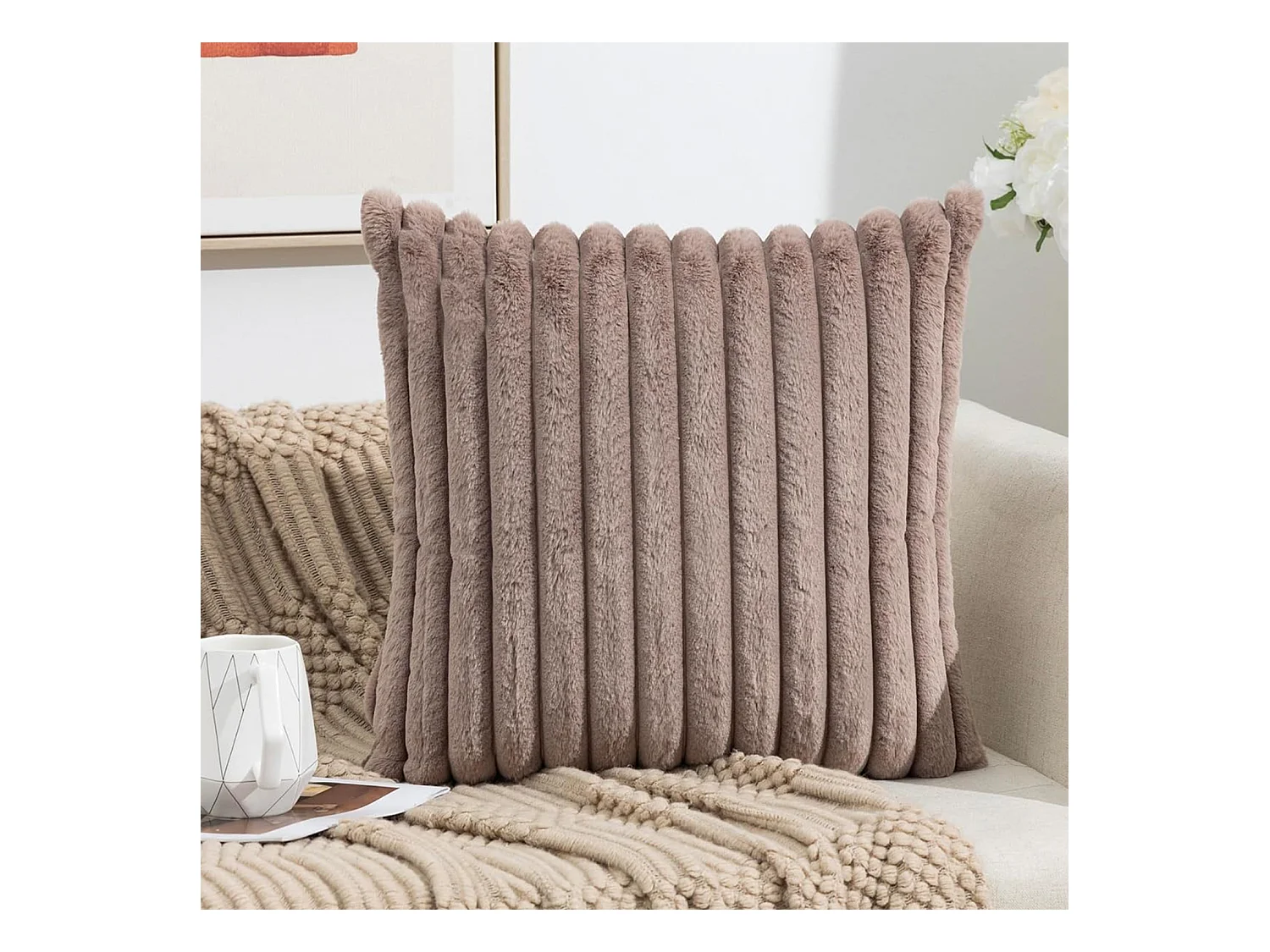 Lot 2 housses de coussin velours rayé 50x50cm beige clair salon chambre (Sans rembourrage)