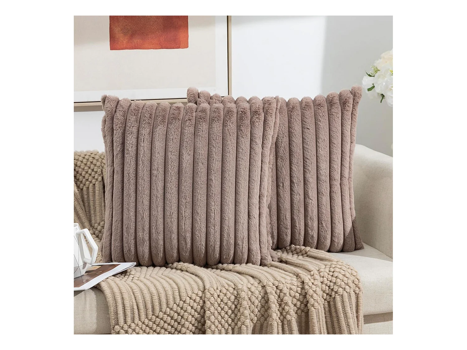 Lot 2 housses de coussin velours rayé 50x50cm beige clair salon chambre (Sans rembourrage)