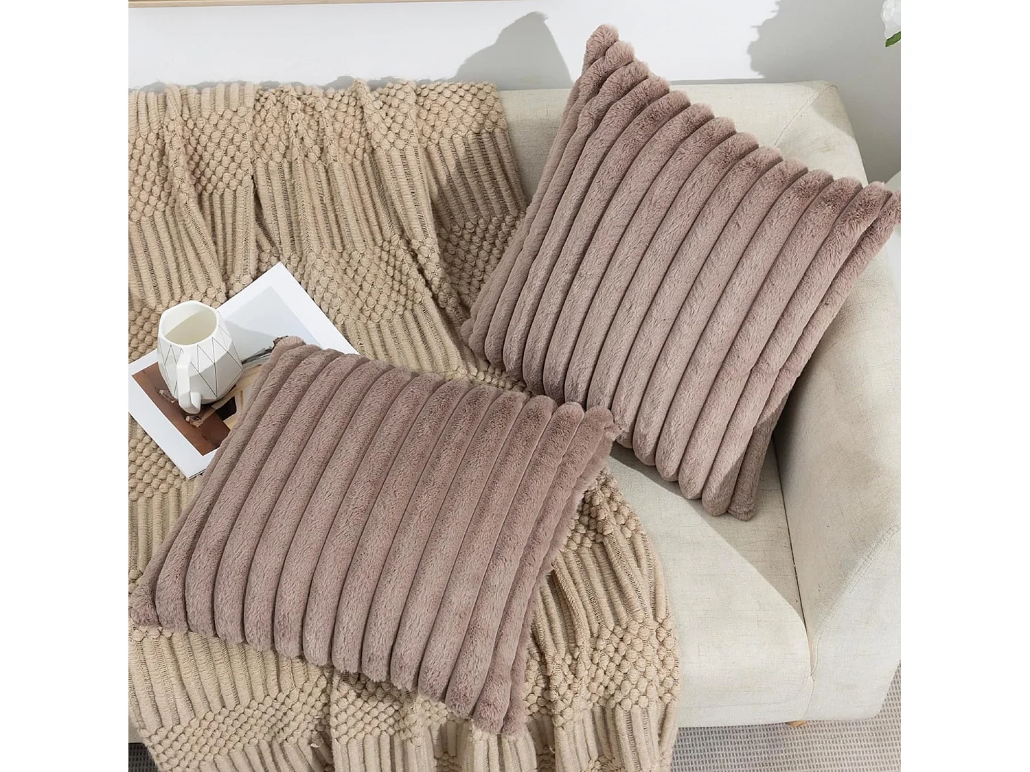 Lot 2 housses de coussin velours rayé 50x50cm beige clair salon chambre (Sans rembourrage)