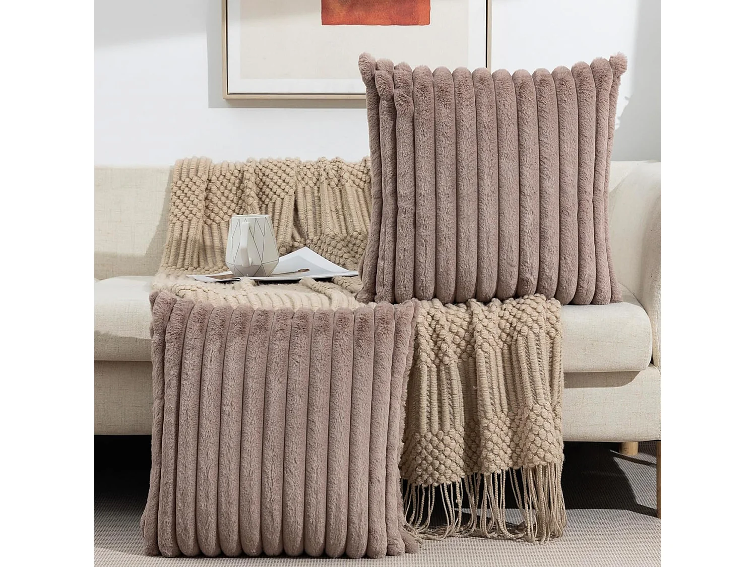Lot 2 housses de coussin velours rayé 50x50cm beige clair salon chambre (Sans rembourrage)