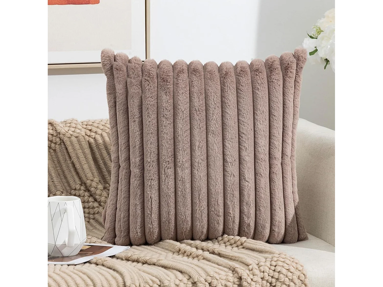 Lot 2 housses de coussin velours rayé 50x50cm beige clair salon chambre (Sans rembourrage)