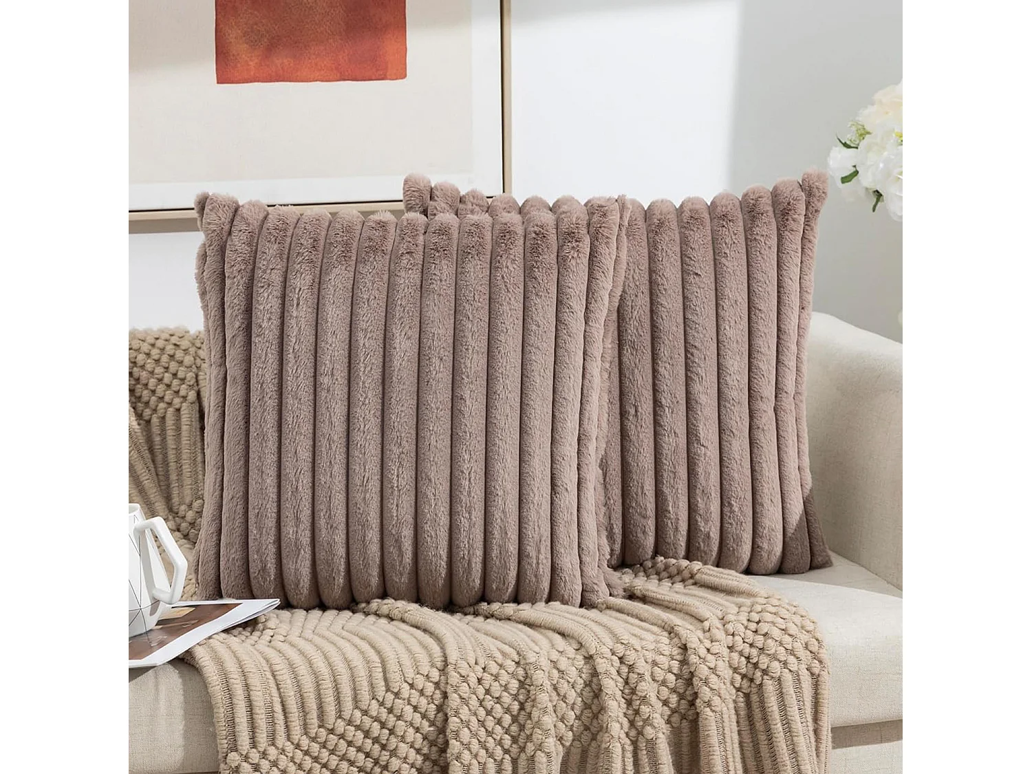 Lot 2 housses de coussin velours rayé 50x50cm beige clair salon chambre (Sans rembourrage)