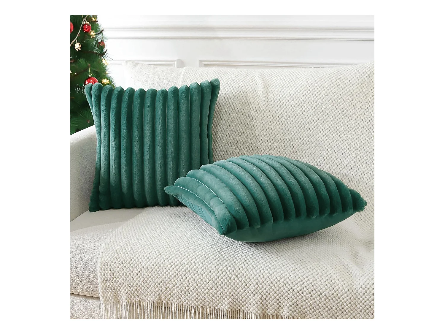 Lot 2 housses de coussin velours rayé 50x50cm vert foncé salon chambre (Sans rembourrage)