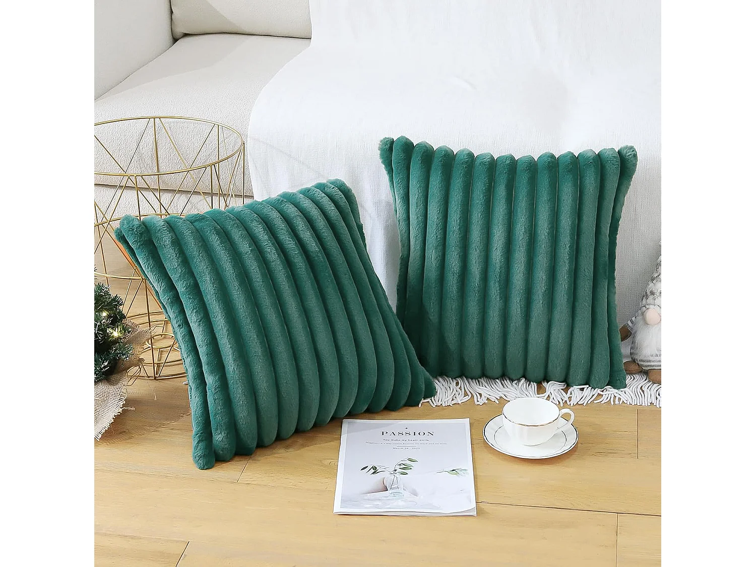 Set van 2 gestreepte fluwelen kussenhoezen 50x50cm donkergroen voor woon/slaapkamer (Zonder vulling)