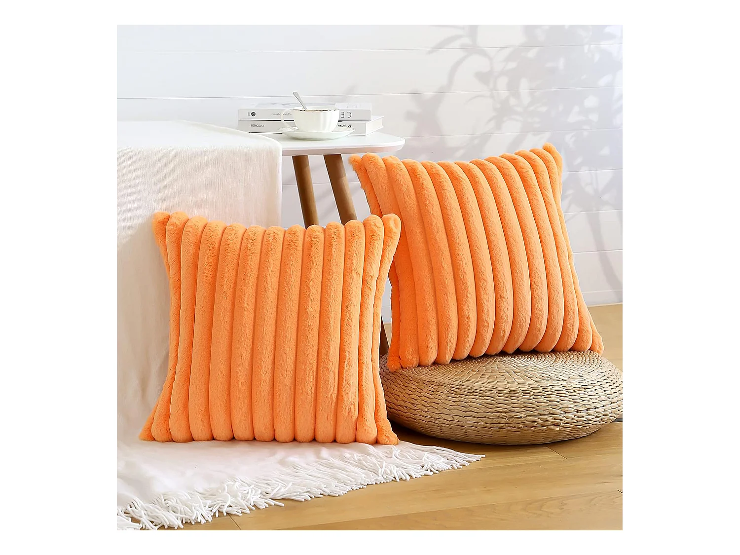 Lot 2 housses de coussin 45x45cm velours orange avec fermeture éclair motif (Sans rembourrage)