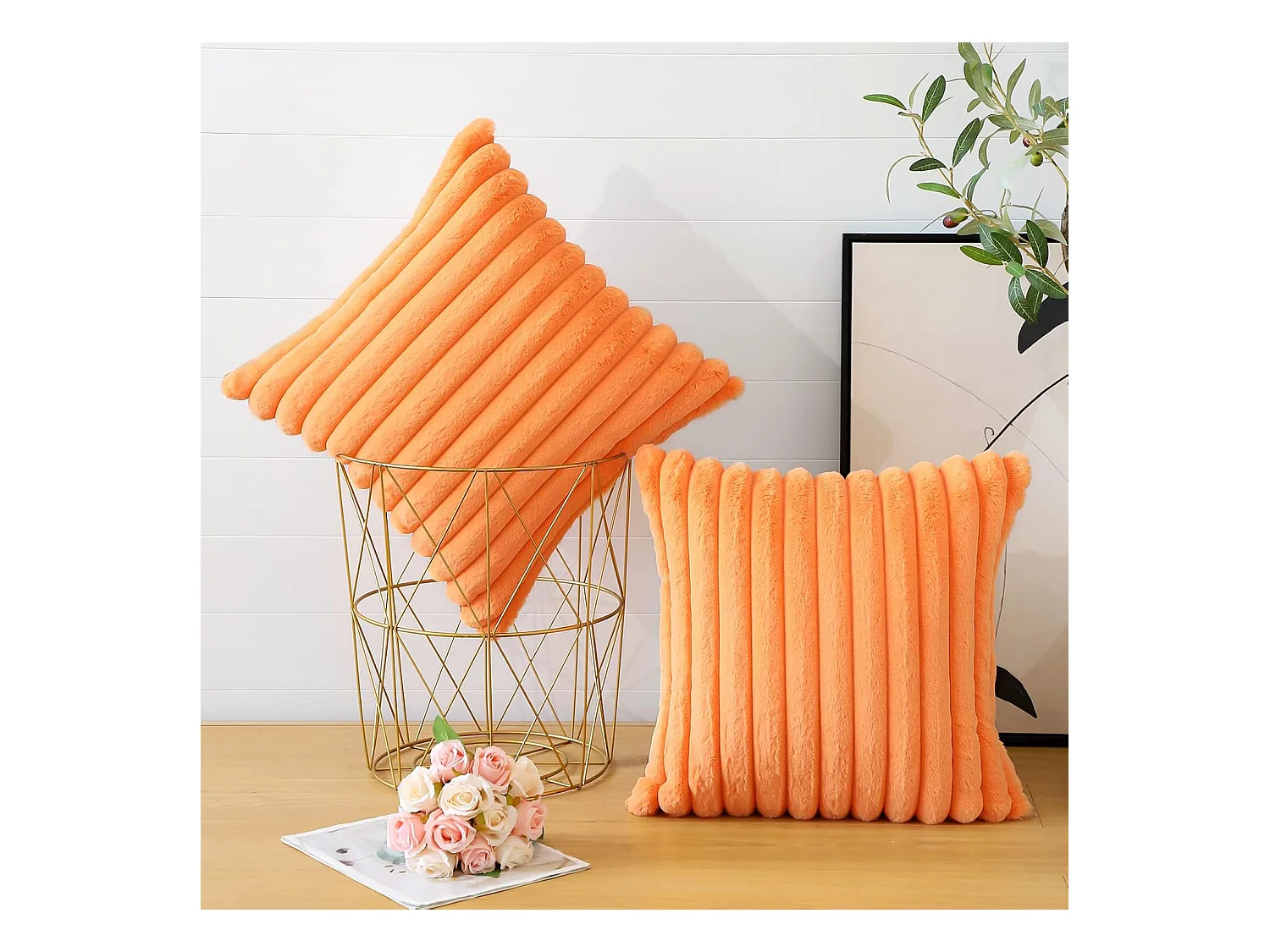 Lot 2 housses de coussin 45x45cm velours orange avec fermeture éclair motif (Sans rembourrage)