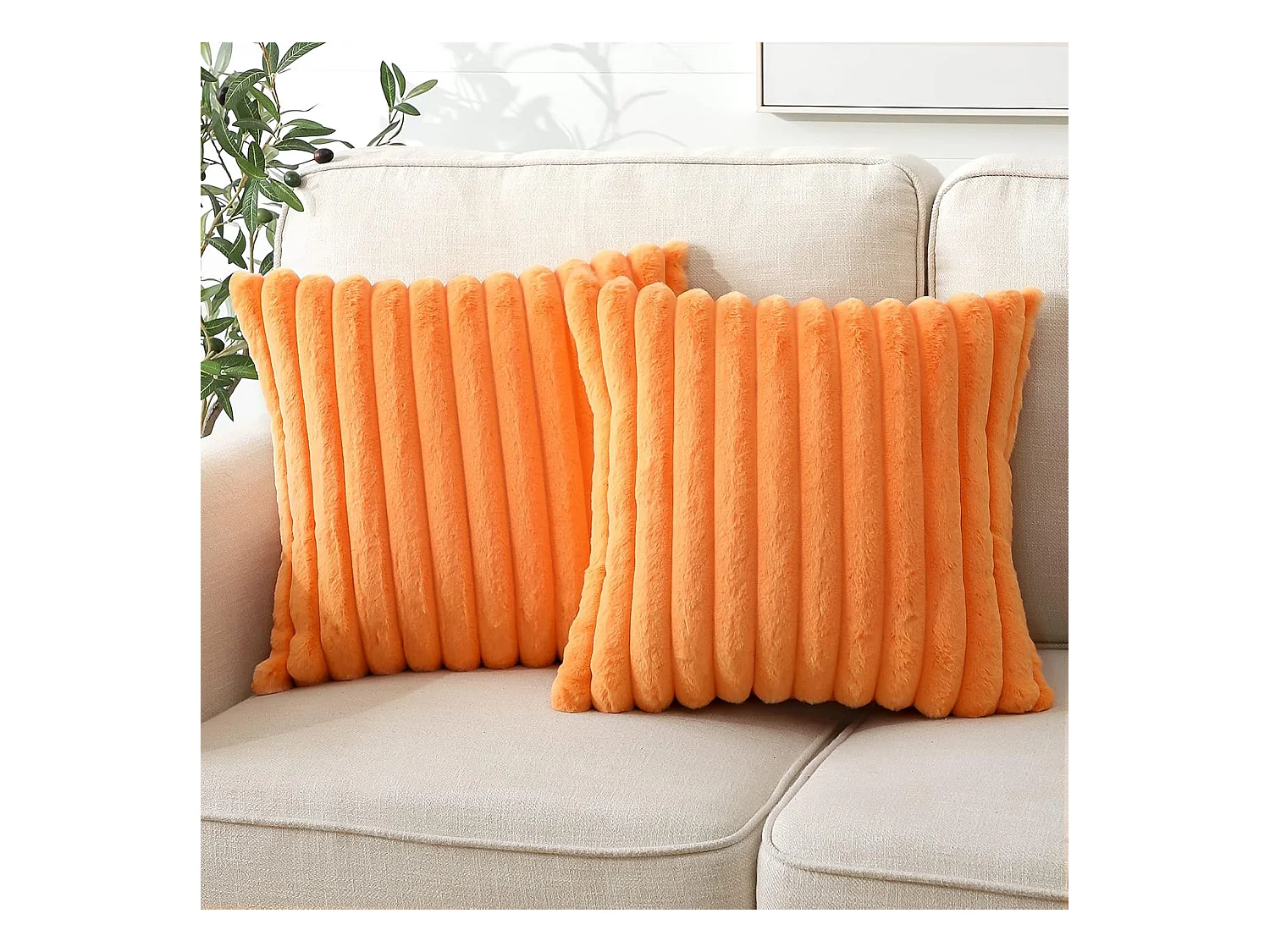 Lot 2 housses de coussin 45x45cm velours orange avec fermeture éclair motif (Sans rembourrage)