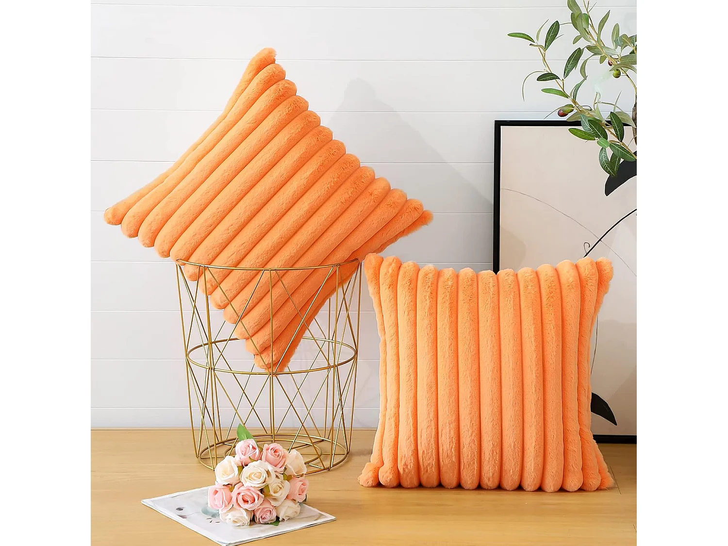 Lot 2 housses de coussin 45x45cm velours orange avec fermeture éclair motif (Sans rembourrage)